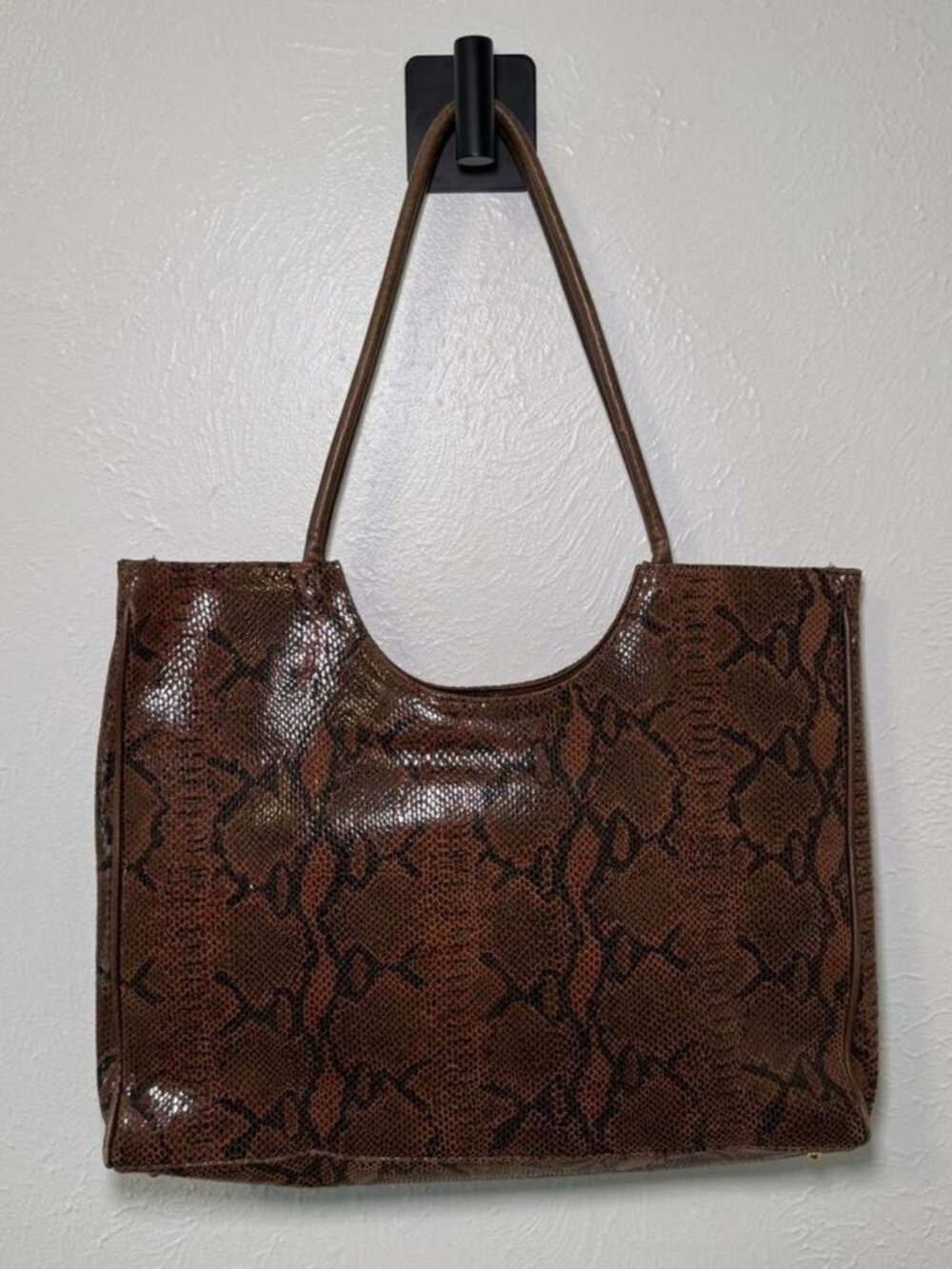 Brown Snake Print Tote Bag | Faux Leather Satchel, Gold Hardware, Large